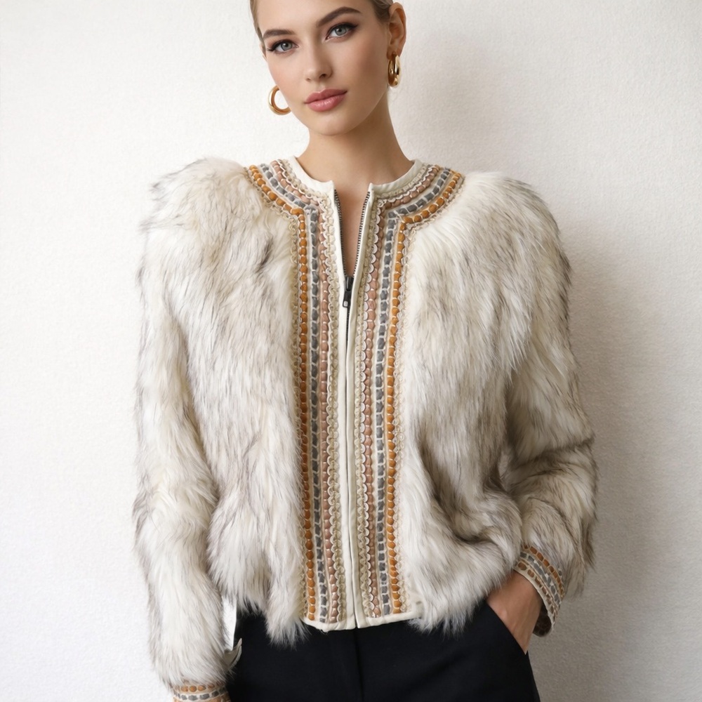 New Anthropologie Blank London Pheba Pearl Faux Fur Embroidered Jacket Size S